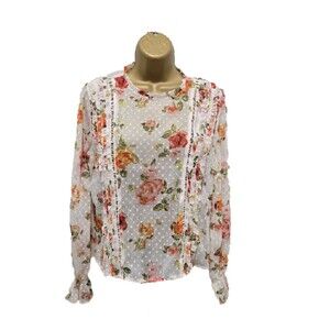 Cottage Fairy Dainty Romantic Poetic Ruffled Swiss Dot Floral Sheer Top Womens M